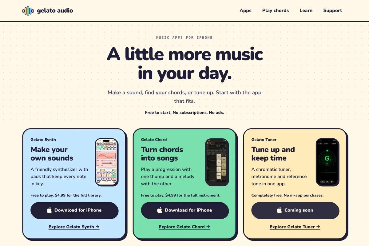 The gelatoaudio.com home page with Gelato Synth, Gelato Chord and Gelato Tuner